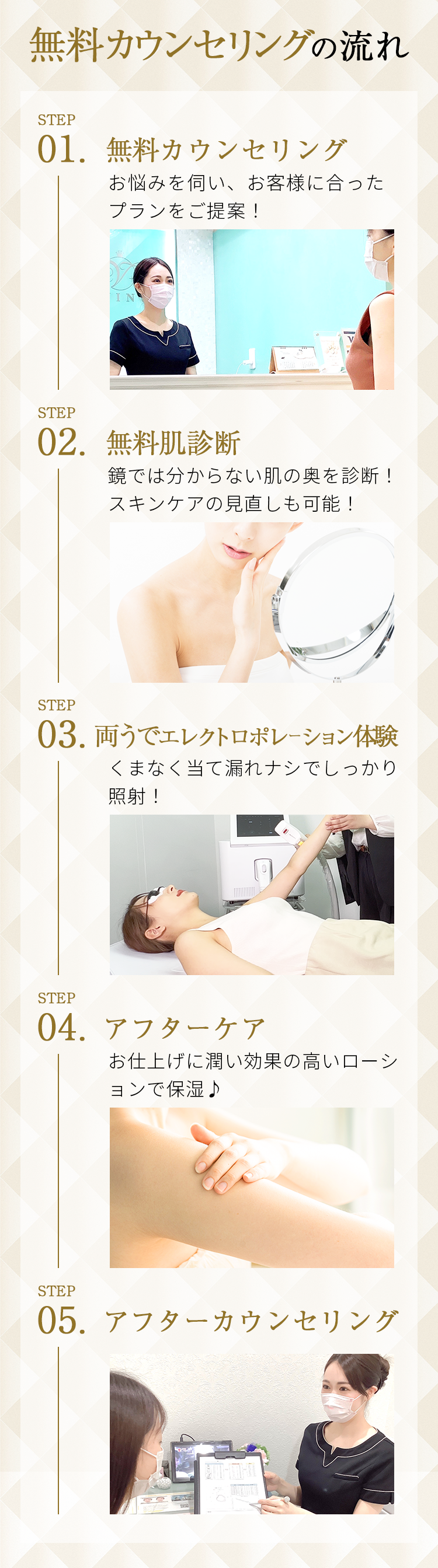 無料カウンセリングの流れ
        STEP1 無料カウンセリング お悩みを伺い、お客様に合ったプランをご提案!
        STEP2 無料肌診断 鏡では分からない肌の奥を診断!スキンケアの見直しも可能!
        STEP3 両腕エレクトロポレーション体験 くまなく当て漏れナシでしっかり照射
        STEP4 アフターケア お仕上げに潤い効果の高いローションで保湿
        STEP5 アフターケアカウンセリング