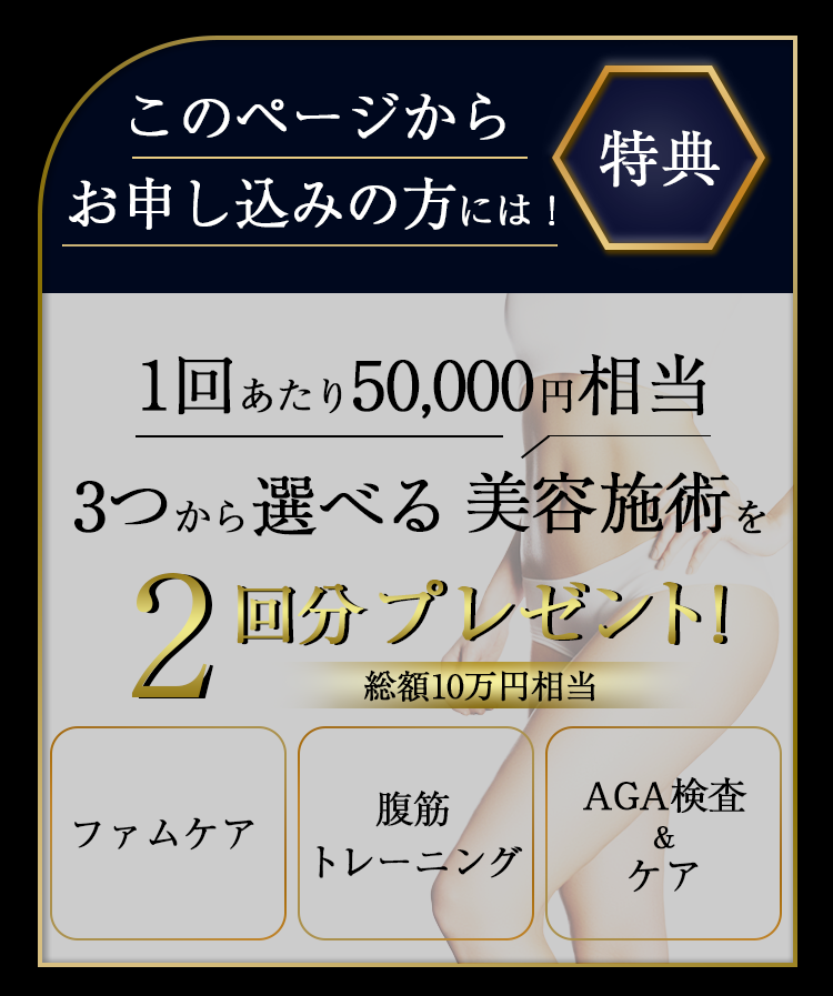このページからお申し込みの方には！　1回あたり50,000縁相当 ３つから選べる美容施術を２回分プレゼント! 総額１０万円相当　
        フェムケア　腹筋トレーニング　AGA検査&ケア
